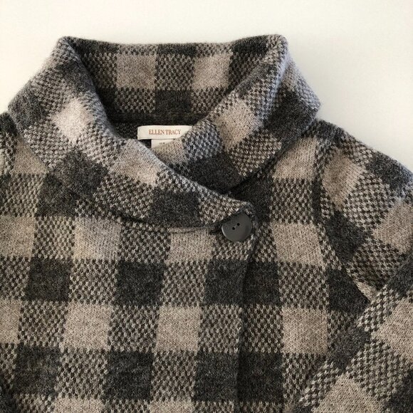 Ellen Tracy Check Pattern Long Sleeve Shawl Collar Sweater Jacket Grey Size M - Picture 4 of 13